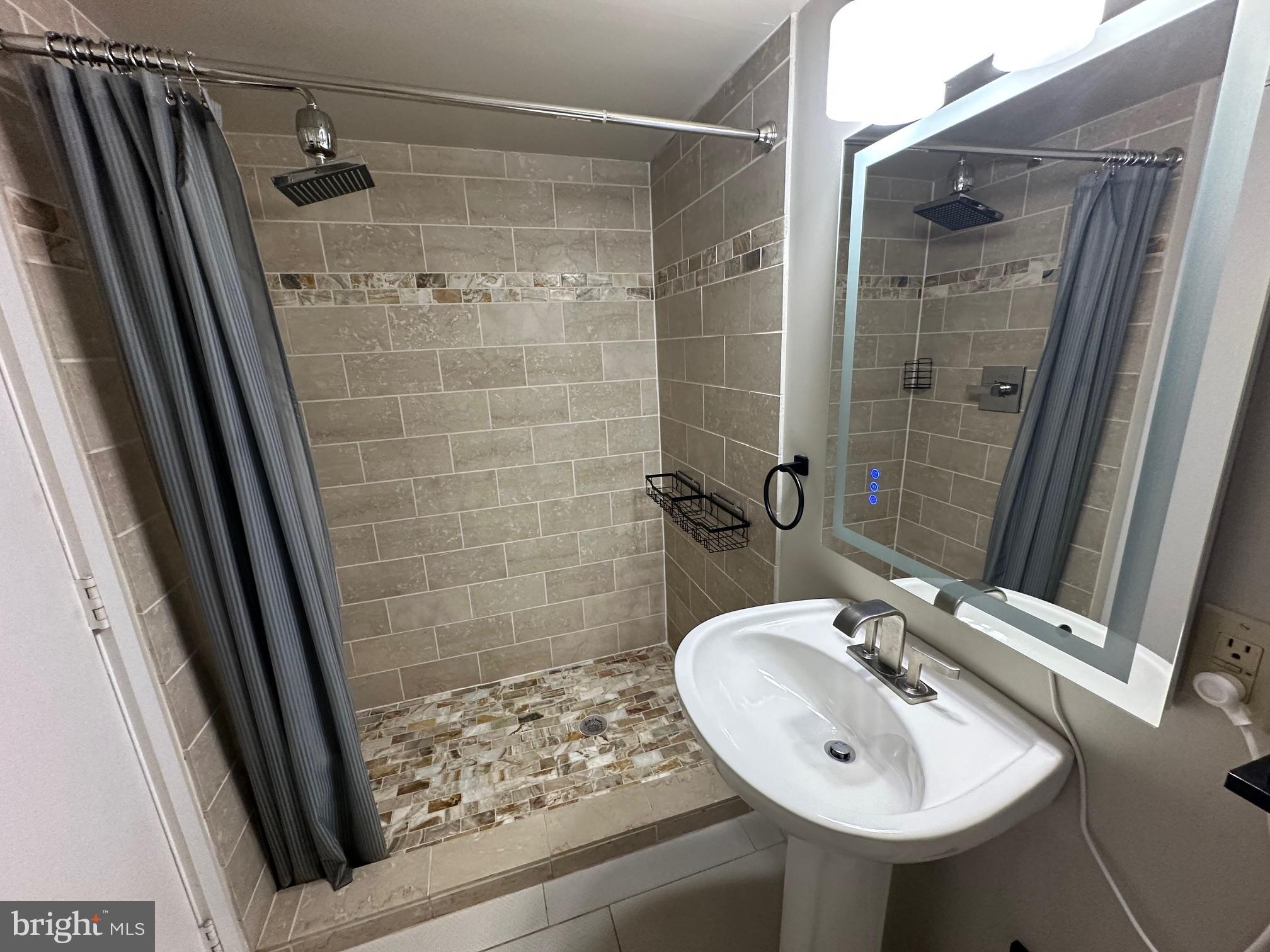 6016 The Terraces Baltimore, MD 21209 - Photo 44 of 59 a bathroom with a sink a mirror and shower