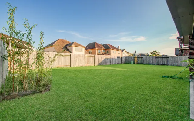 a view of a large garden with plants and large trees