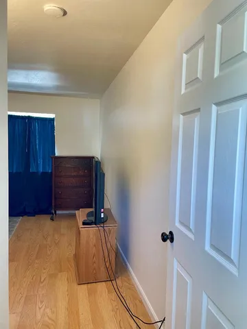 a view of a backyard with a tree