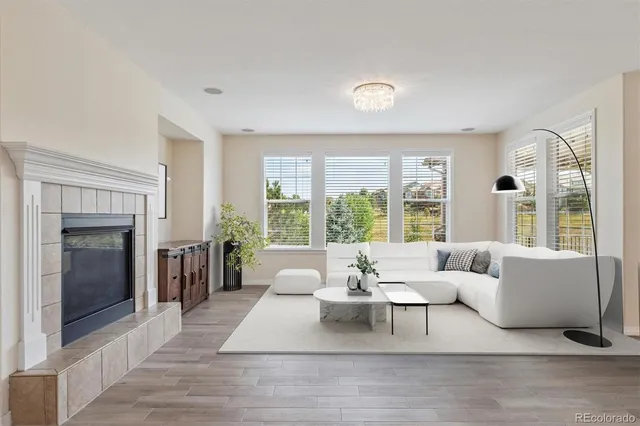 a living room with furniture and a fireplace