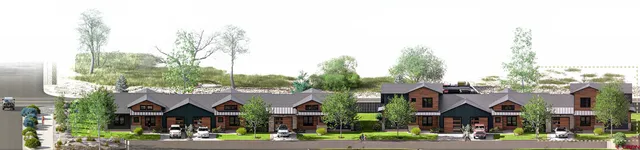 a view of a town with many windows