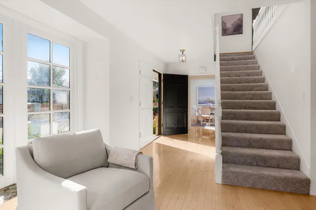 a living room with furniture flowerpot and a chandelier