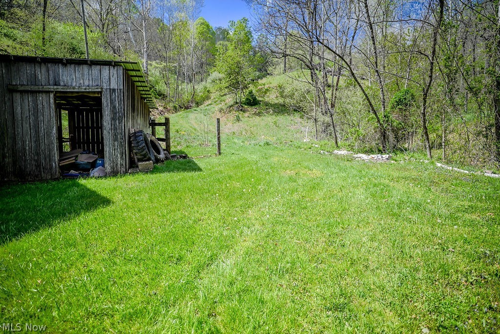 1547 Providence Road Elizabeth, WV 26143 - Photo 31 of 32 Expansive green lawn with a rustic wooden outbuilding, surrounded by mature trees and natural landscaping