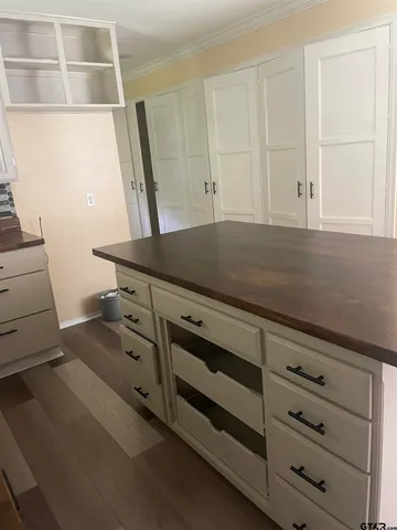 a view of cabinets and window