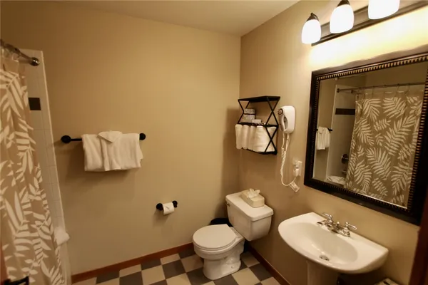 a bathroom with a toilet sink and mirror