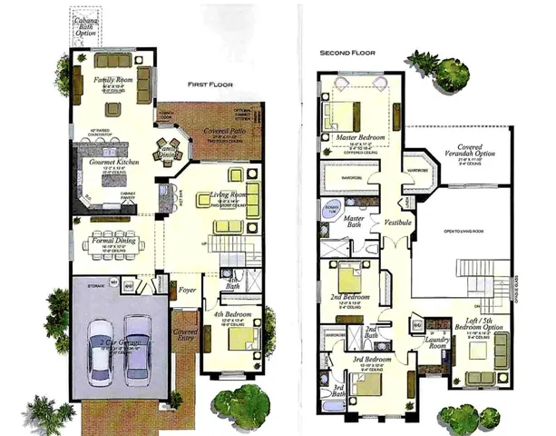 a view of a swimming pool with a lawn chairs under palm trees