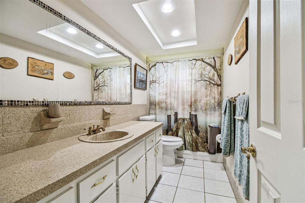 9741 Star Trail New Port Richey, FL 34654 - Photo 32 of 38 a bathroom with a granite countertop sink a toilet and shower