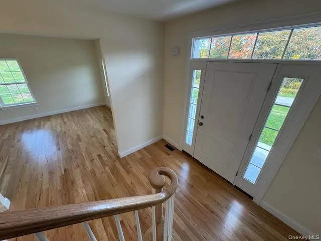 a view of a room with windows