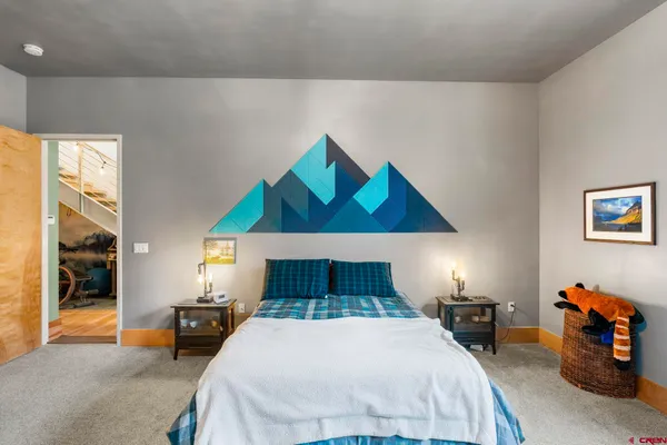 a bedroom with a bed and a closet