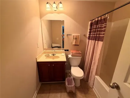 a bathroom with a sink a toilet a mirror and shower
