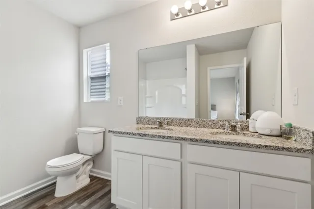 a bathroom with a granite countertop toilet sink and mirror