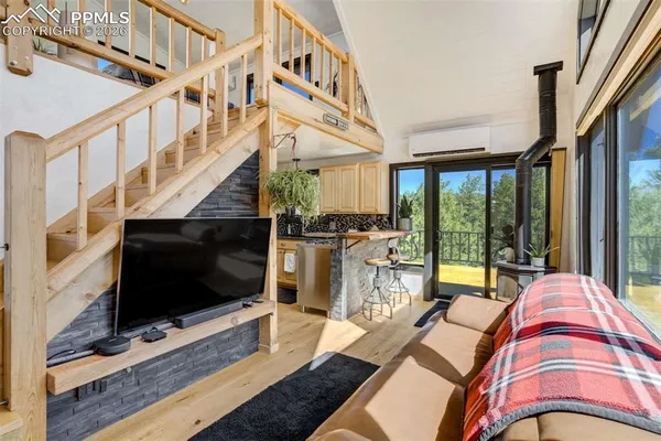 a living room with a large windows