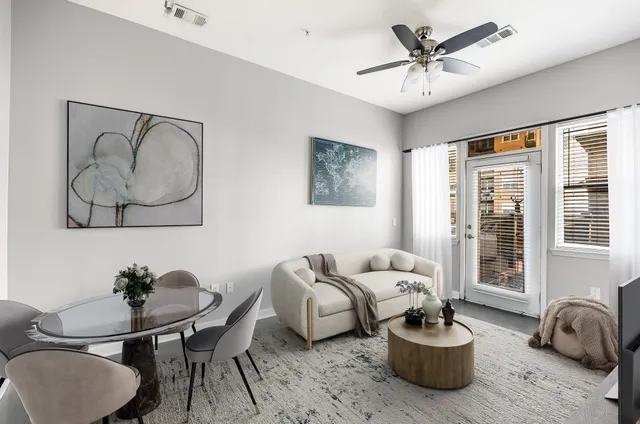 a living room with furniture potted plant and a window