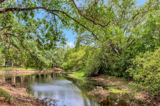 a view of a lake with houses in background