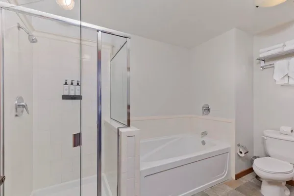 a bathroom with a shower a bathtub and a toilet
