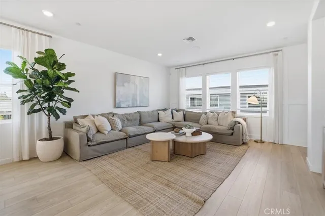 a living room with furniture and a potted plant