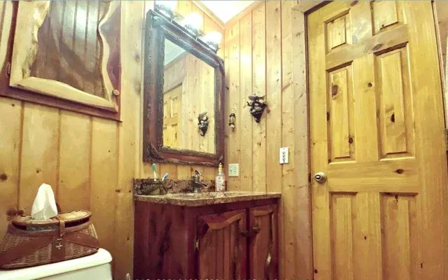 a bathroom with a sink a mirror and a shower