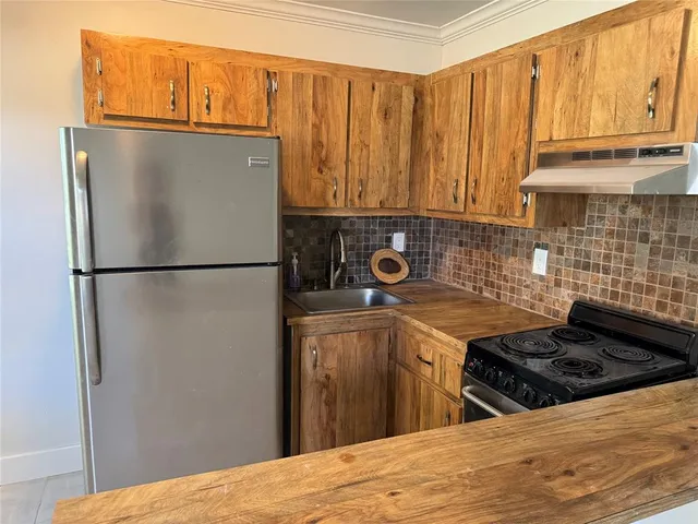 a kitchen with a refrigerator and a sink