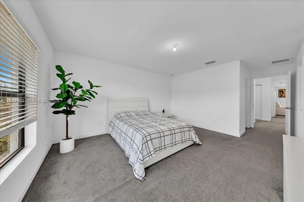 a living room with a bed furniture a potted plant and a window