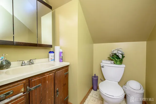 a bathroom with a sink a toilet and a mirror
