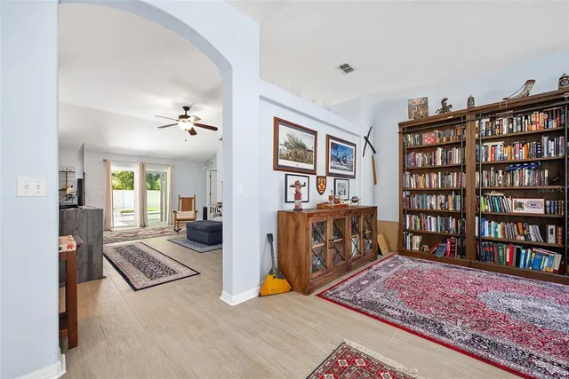 a living room with a couch and a table