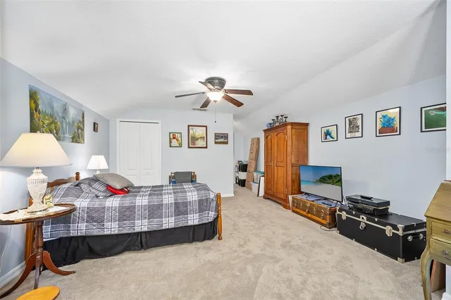 a view of a swimming pool with a porch and garden