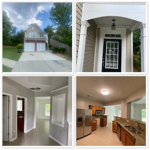 a view of a porch with a floor to ceiling window and kitchen view