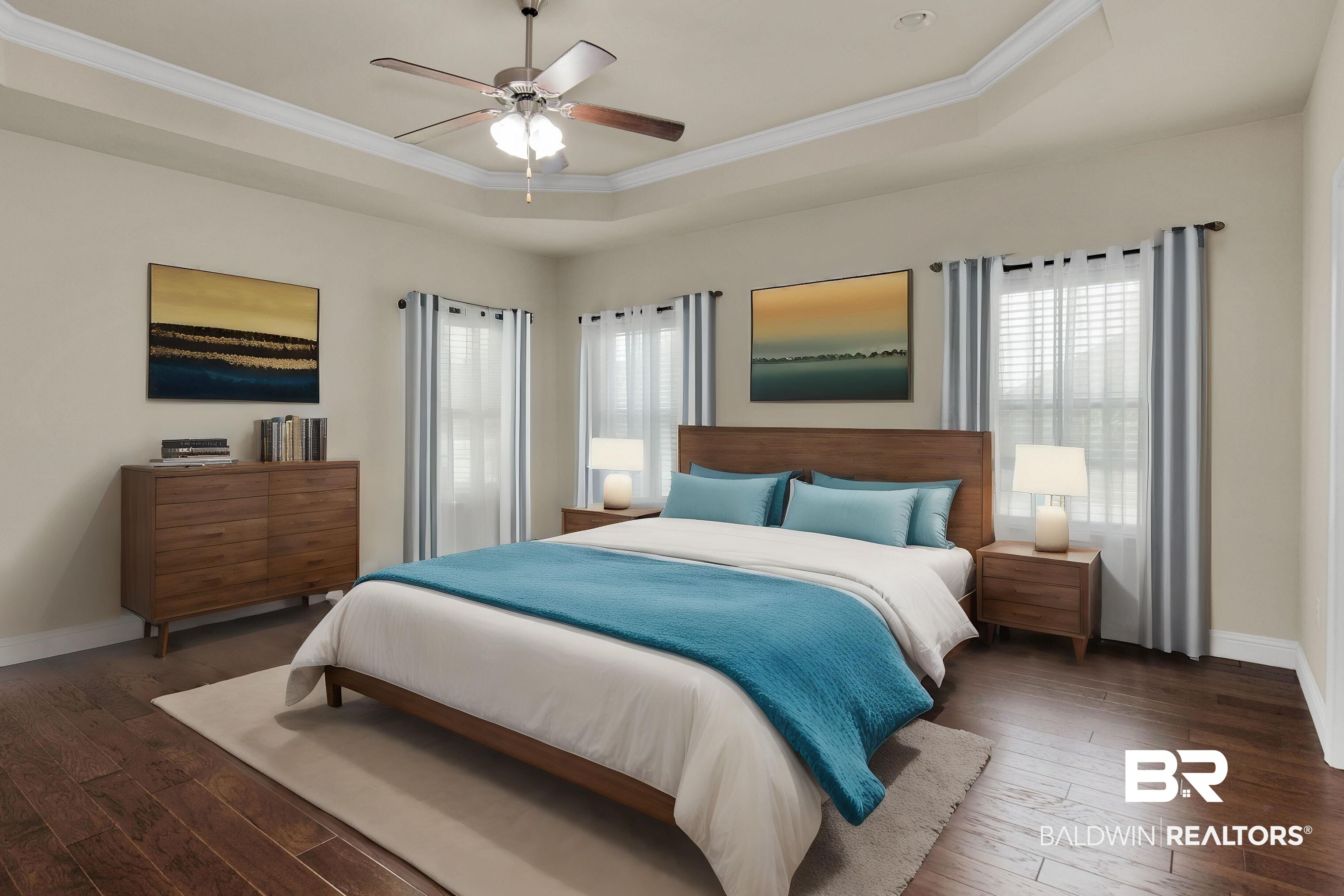122 Open Field Drive Fairhope, AL 36532 - Photo 15 of 27 Bedroom with dark hardwood / wood-style flooring, ceiling fan, crown molding, and a tray ceiling