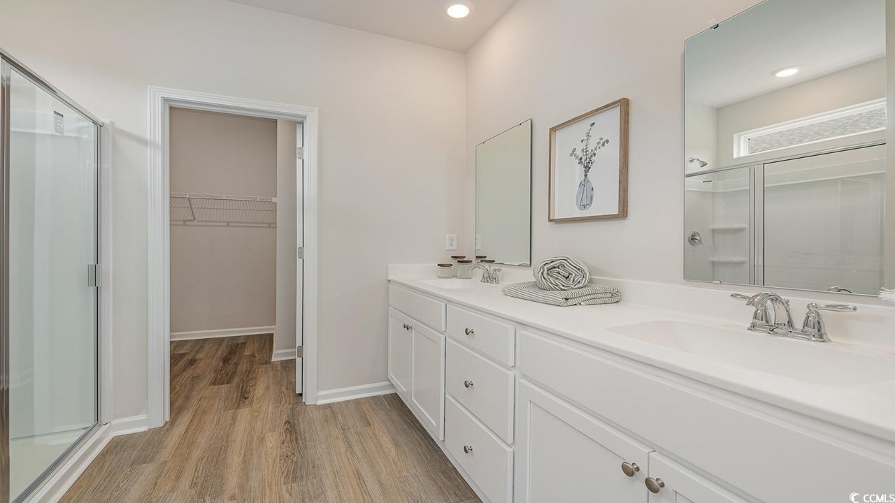 303 Ridley Street Longs, SC 29568 - Photo 17 of 31 Bathroom featuring a shower stall, double vanity, light wood-style flooring, a spacious closet, and recessed lighting