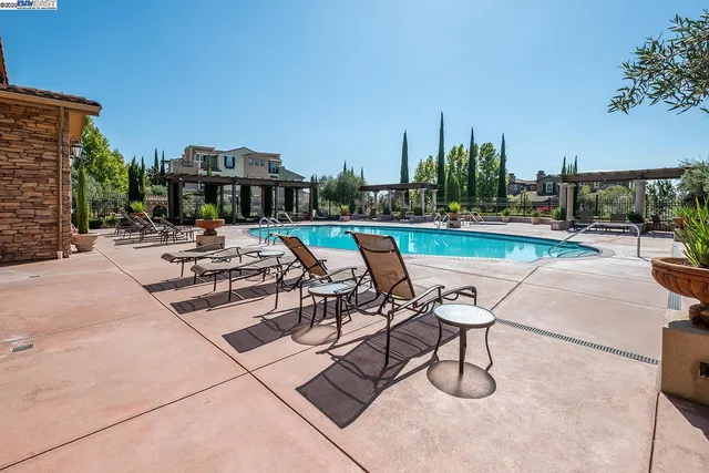 a view of a swimming pool with outdoor seating and plants