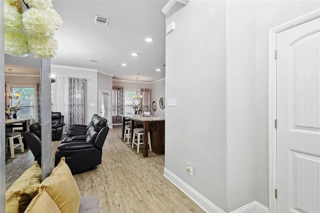 a view of a dining room with furniture