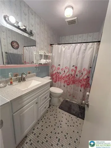 a bathroom with a sink mirror and toilet