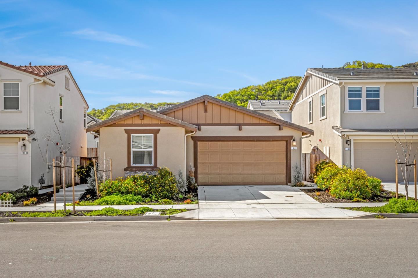 a front view of a house with a yard and potted plants