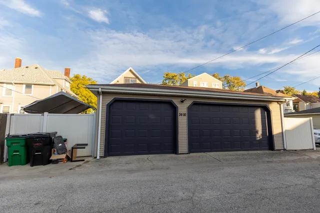 a view of a garage door and chair