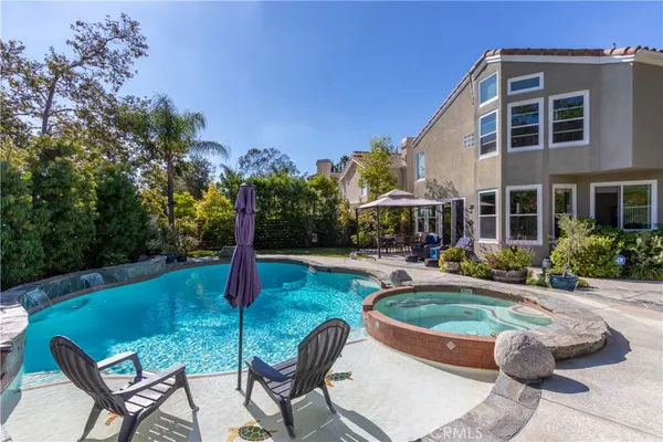 a view of yard with swimming pool and green space