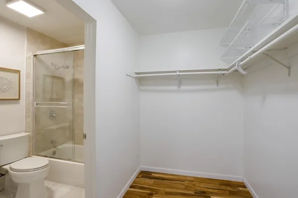 a bathroom with a shower and toilet