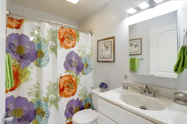 a bathroom with a sink mirror and painting on the wall