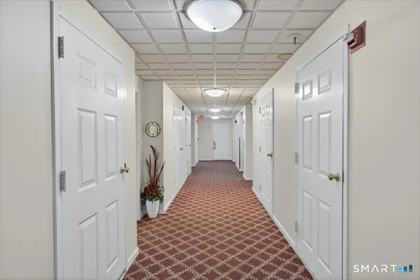 a view of a hallway with wooden floor and cabinet
