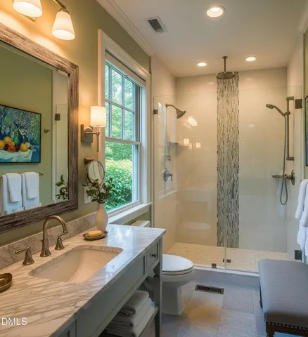 a bathroom with a granite countertop sink a toilet and shower