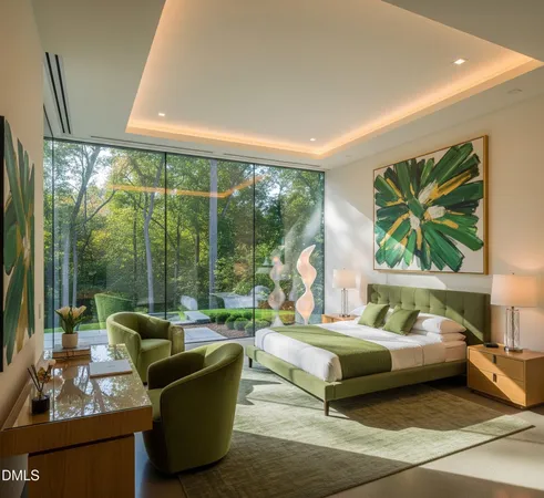 a bedroom with furniture and a large window