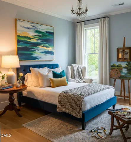 a bedroom with a bed wooden floor and window