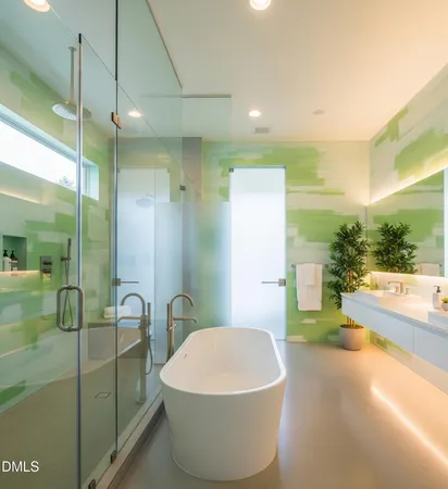 a spacious bathroom with a bathtub and sink