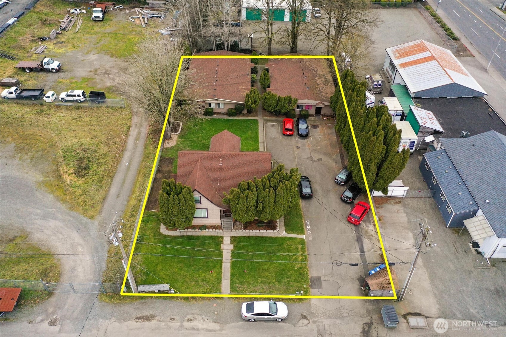an aerial view of houses and roads