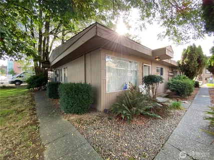 a backyard of a house with plants and trees