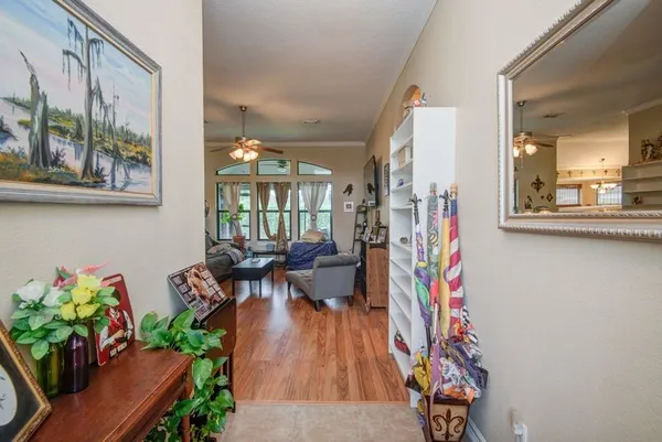 a living room with furniture and a potted plant