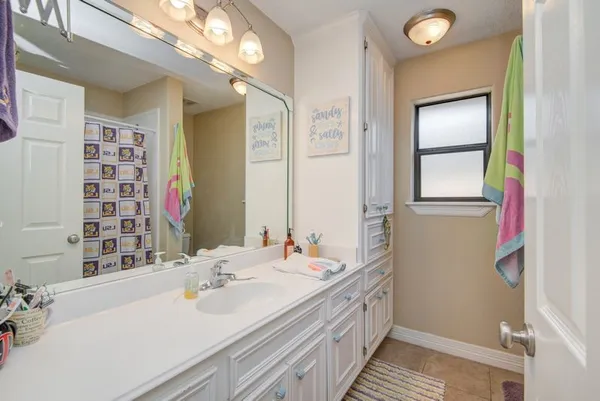 a bathroom with a double vanity sink a mirror and a shower