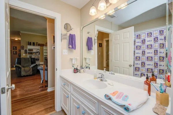 a en suite bathroom with a sink a large mirror and vanity