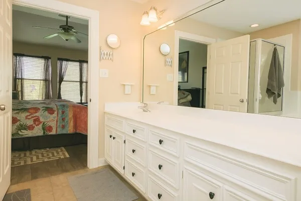 a bathroom with a sink a mirror and a shower