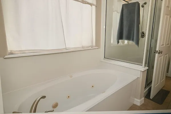 a bathroom with a bathtub