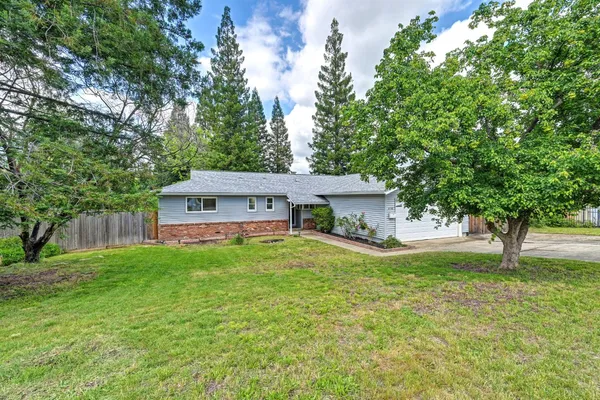a view of a house with a yard and large tree